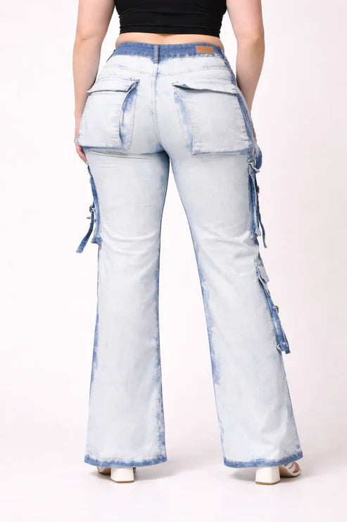 Kagad Womens High Rise Wide Leg Regular Fit White blue Denim Cargo Pocket Jeans - Style Code "KGDJGR-404006