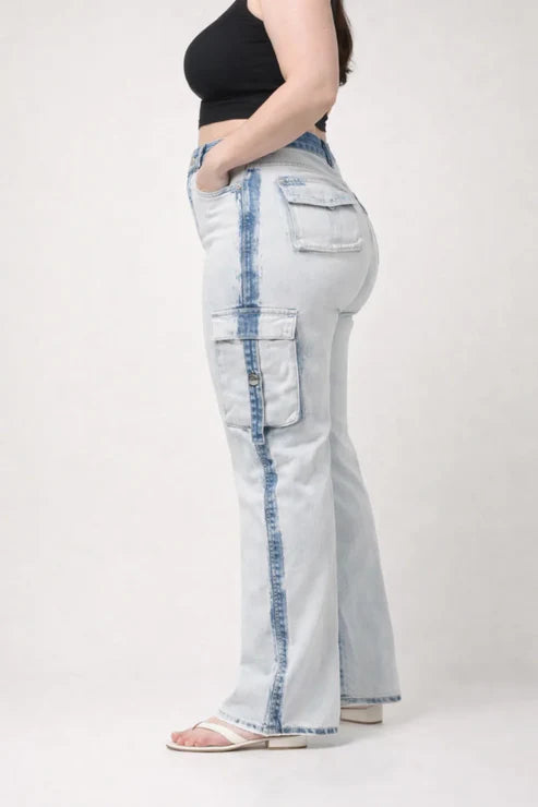 Kagad Womens High Rise Wide Leg Regular Fit White blue Denim Cargo Pocket Jeans - Style Code "KGDJGR-404006