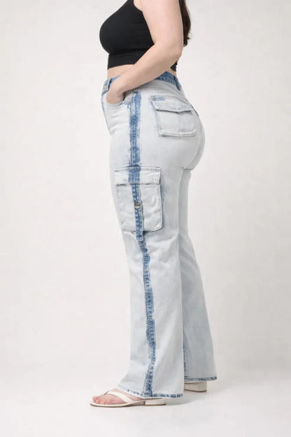 Kagad Womens High Rise Wide Leg Regular Fit White blue Denim Cargo Pocket Jeans - Style Code "KGDJGR-404006