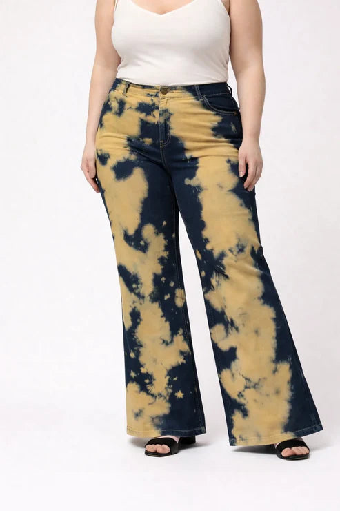 Kagad Womens High Rise Wide Leg Flared Navy Rich Cream Tie Dyed Denim Jeans - Style Code "KGDJNS-404014