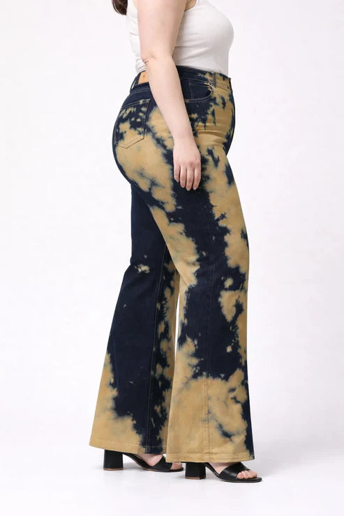 Kagad Womens High Rise Wide Leg Flared Navy Rich Cream Tie Dyed Denim Jeans - Style Code "KGDJNS-404014