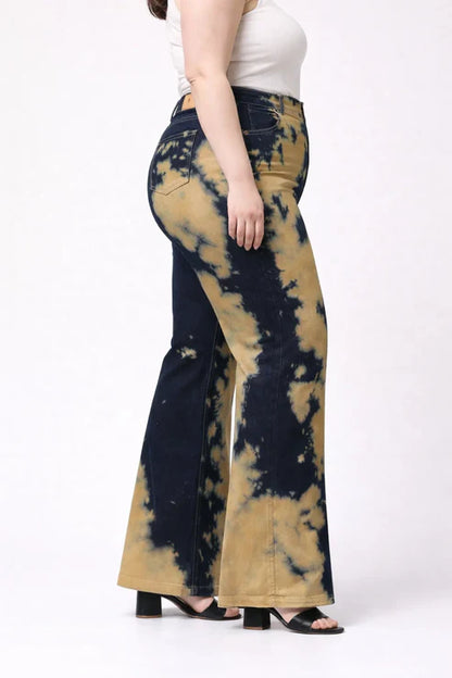 Kagad Womens High Rise Wide Leg Flared Navy Rich Cream Tie Dyed Denim Jeans - Style Code "KGDJNS-404014