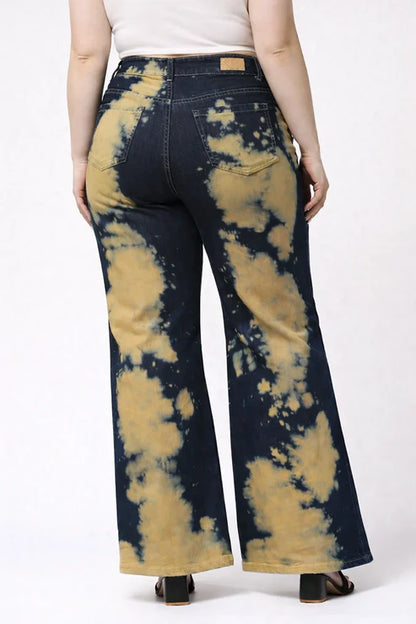Kagad Womens High Rise Wide Leg Flared Navy Rich Cream Tie Dyed Denim Jeans - Style Code "KGDJNS-404014