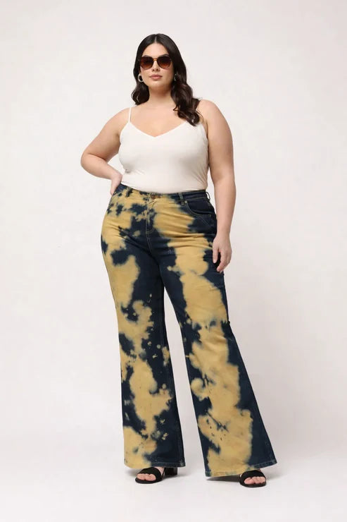 Kagad Womens High Rise Wide Leg Flared Navy Rich Cream Tie Dyed Denim Jeans - Style Code "KGDJNS-404014