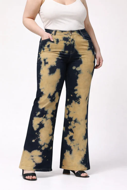 Kagad Womens High Rise Wide Leg Flared Navy Rich Cream Tie Dyed Denim Jeans - Style Code "KGDJNS-404014