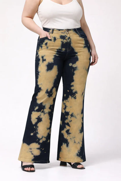 Kagad Womens High Rise Wide Leg Flared Navy Rich Cream Tie Dyed Denim Jeans - Style Code "KGDJNS-404014