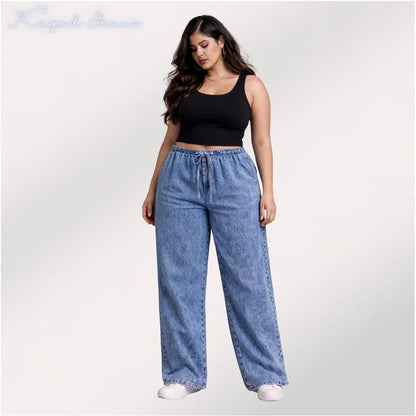 Womens elasticated waist loose straight fit Jeans KGDJNS-404037