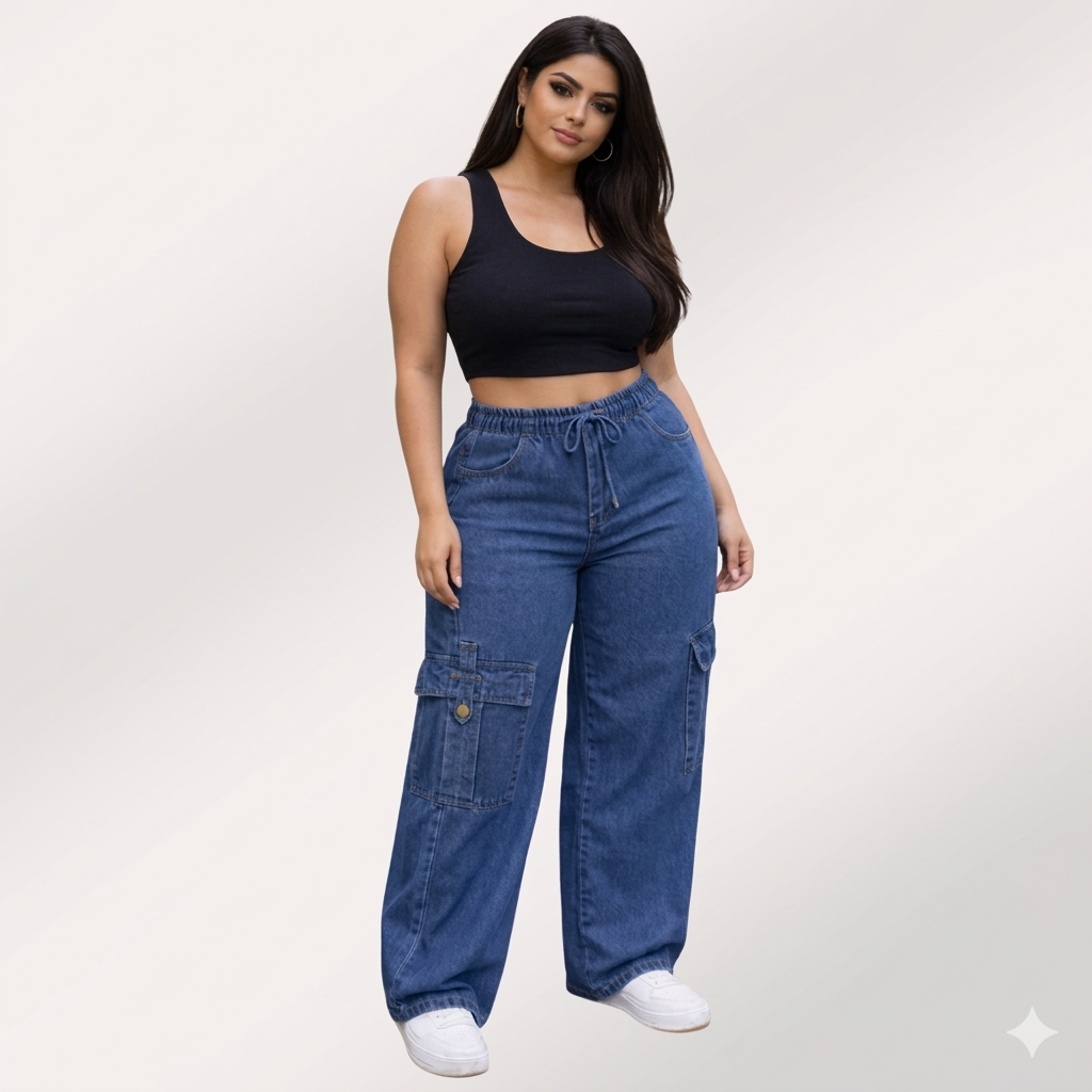 Womens elasticated waist loose straight fit Cargo Jeans KGDJNS-404043