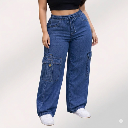 Womens elasticated waist loose straight fit Cargo Jeans KGDJNS-404043