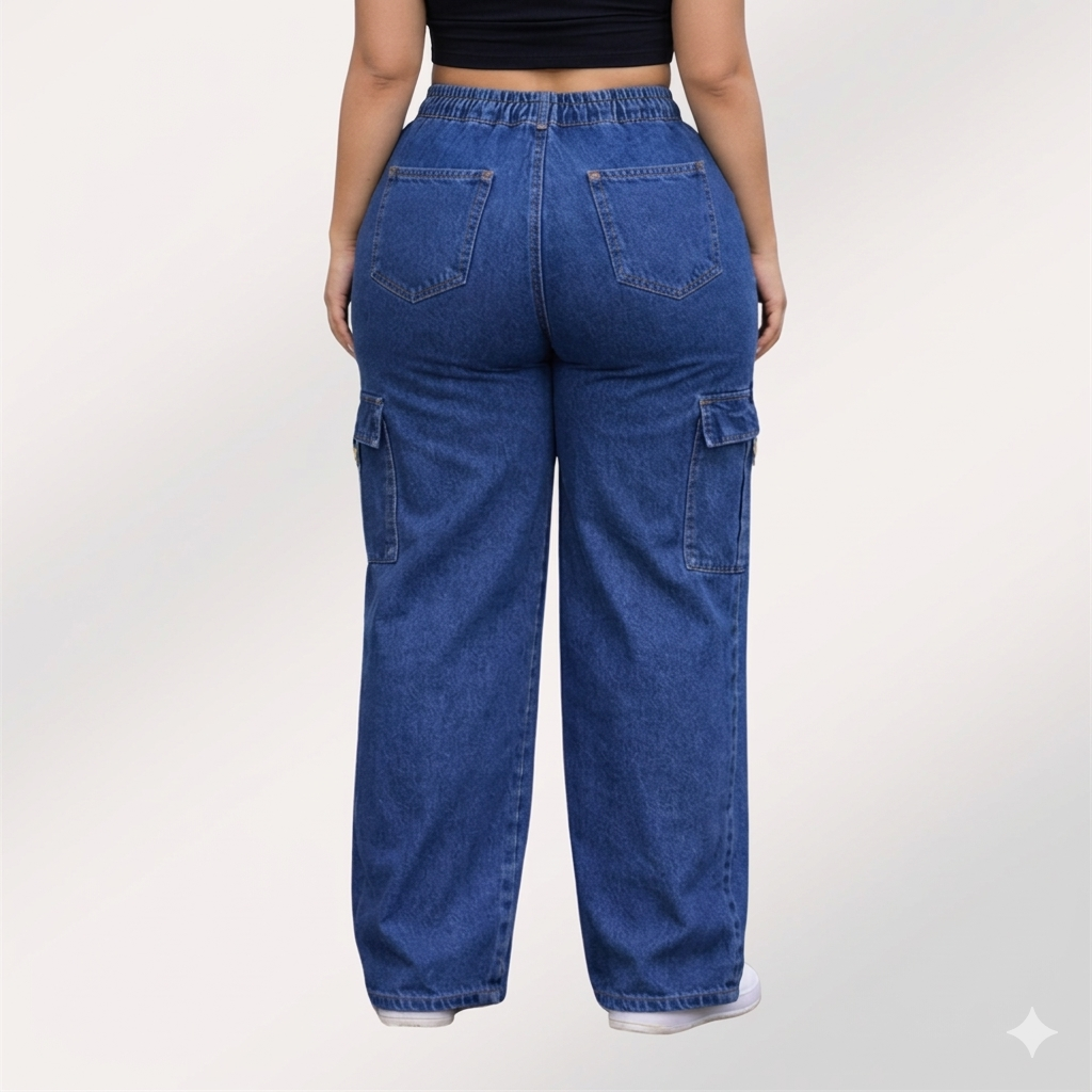 Womens elasticated waist loose straight fit Cargo Jeans KGDJNS-404043