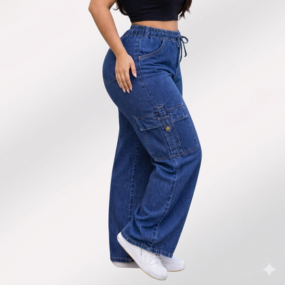 Womens elasticated waist loose straight fit Cargo Jeans KGDJNS-404043