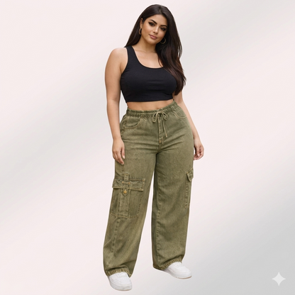 Womens elasticated waist loose straight fit Cargo Jeans KGDJNS-404044