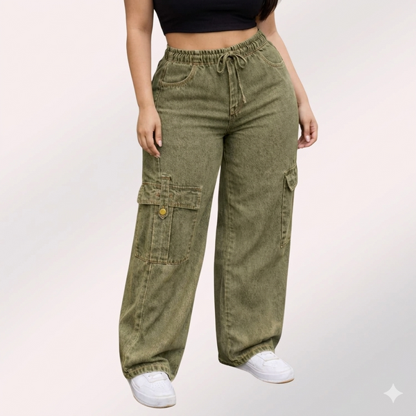 Womens elasticated waist loose straight fit Cargo Jeans KGDJNS-404044