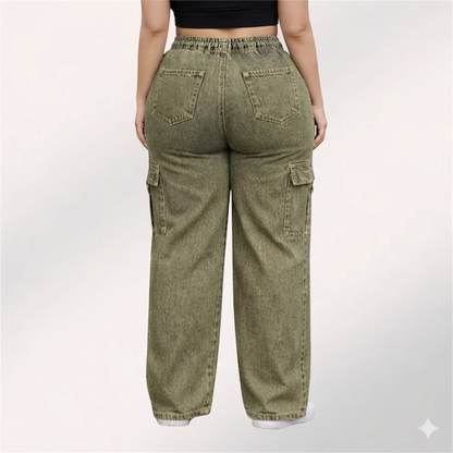 Womens elasticated waist loose straight fit Cargo Jeans KGDJNS-404044