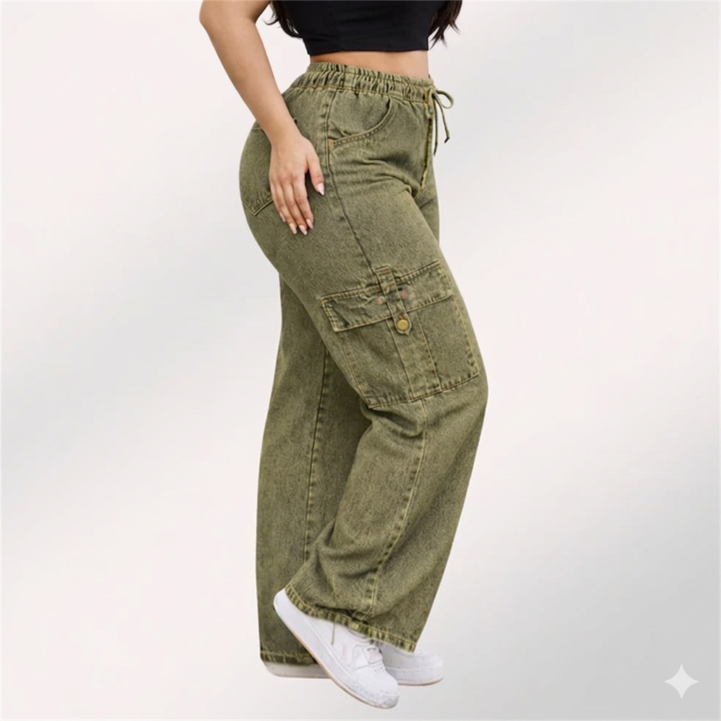 Womens elasticated waist loose straight fit Cargo Jeans KGDJNS-404044