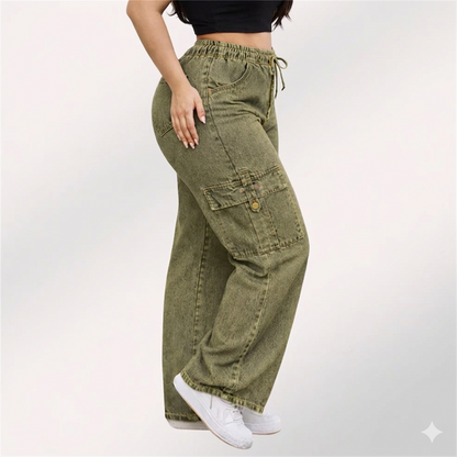 Womens elasticated waist loose straight fit Cargo Jeans KGDJNS-404044
