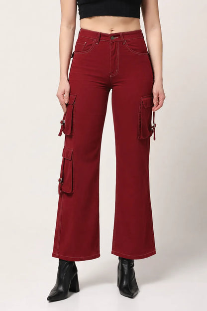 Kagad Womens High Rise Wide Leg Regular Fit Crimson Red Denim Cargo Pocket Jeans - Style Code "KGDJGR-404008