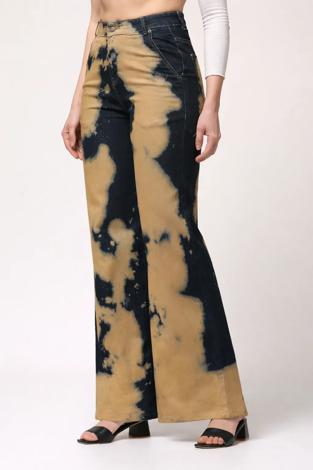 Kagad Womens High Rise Wide Leg Flared Navy Rich Cream Tie Dyed Denim Jeans - Style Code "KGDJNS-404014