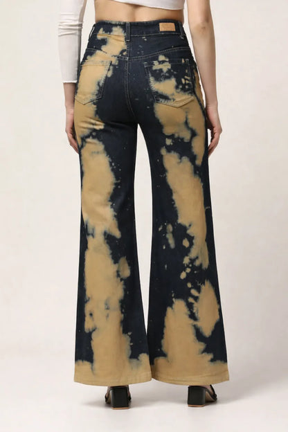 Kagad Womens High Rise Wide Leg Flared Navy Rich Cream Tie Dyed Denim Jeans - Style Code "KGDJNS-404014