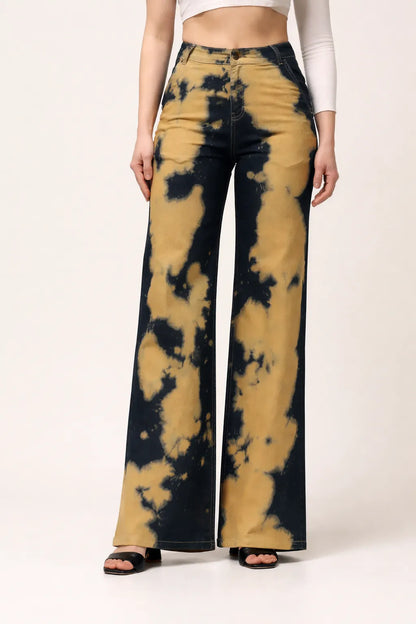 Kagad Womens High Rise Wide Leg Flared Navy Rich Cream Tie Dyed Denim Jeans - Style Code "KGDJNS-404014