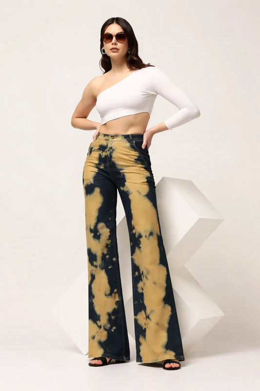 Kagad Womens High Rise Wide Leg Flared Navy Rich Cream Tie Dyed Denim Jeans - Style Code "KGDJNS-404014