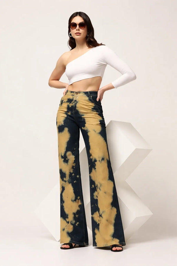 Kagad Womens High Rise Wide Leg Flared Navy Rich Cream Tie Dyed Denim Jeans - Style Code "KGDJNS-404014
