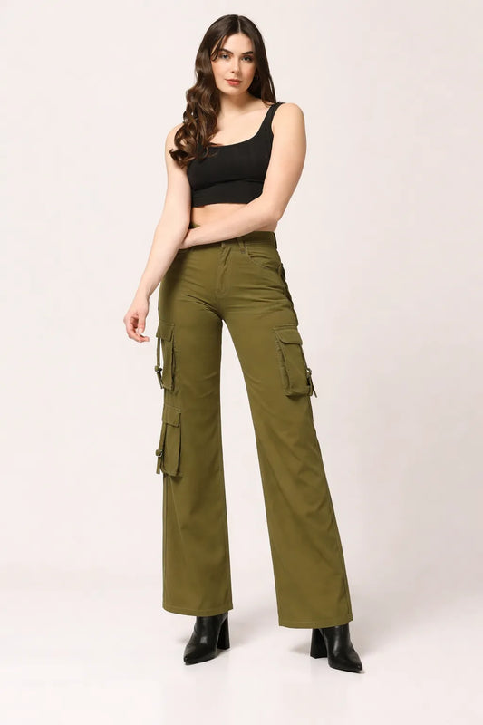Kagad Womens High Rise Wide Leg Regular Fit Olive Green Denim Cargo Pocket Jeans - Style Code "KGDJGR-404009