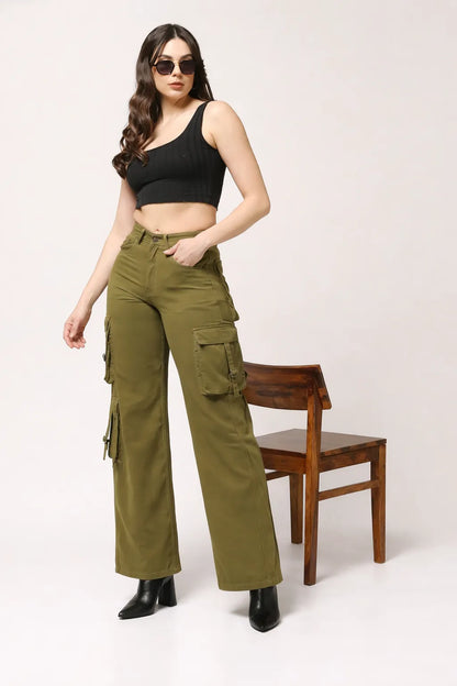 Kagad Womens High Rise Wide Leg Regular Fit Olive Green Denim Cargo Pocket Jeans - Style Code "KGDJGR-404009