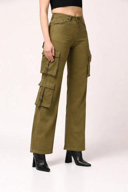 Kagad Womens High Rise Wide Leg Regular Fit Olive Green Denim Cargo Pocket Jeans - Style Code "KGDJGR-404009