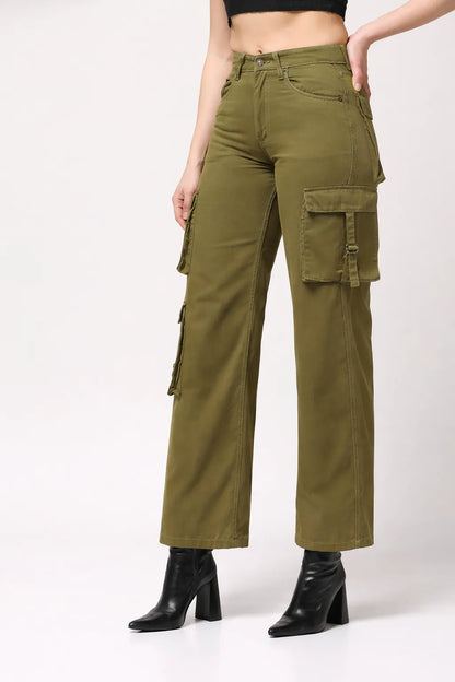 Kagad Womens High Rise Wide Leg Regular Fit Olive Green Denim Cargo Pocket Jeans - Style Code "KGDJGR-404009
