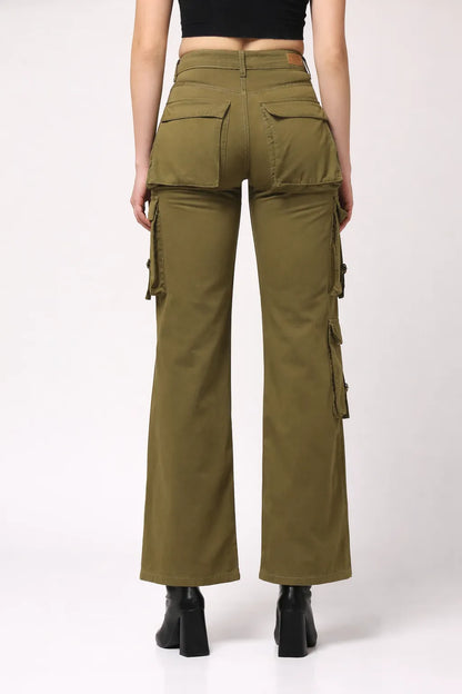Kagad Womens High Rise Wide Leg Regular Fit Olive Green Denim Cargo Pocket Jeans - Style Code "KGDJGR-404009