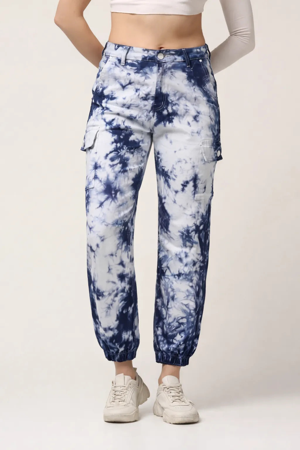 Abfy Zoo Womens High Rise Regular Fit White Blue Tie Dyed Denim Jeans Jogger - Style Code "KGDJGR-404001