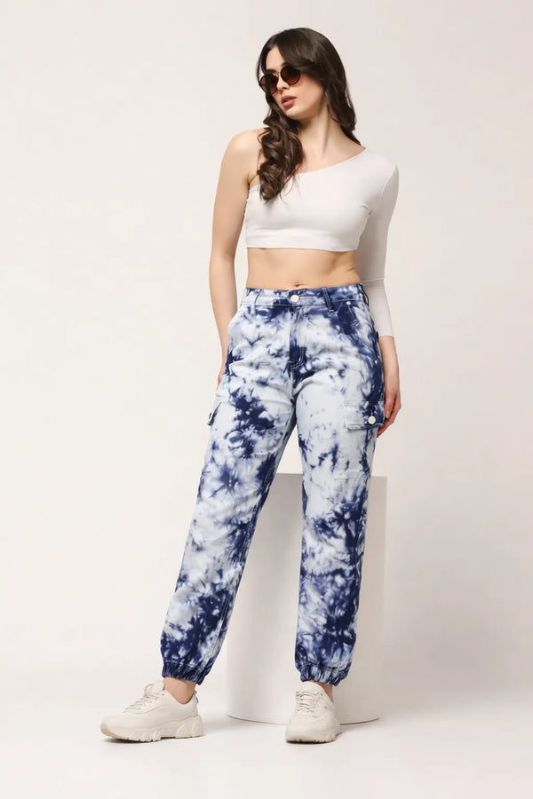 Abfy Zoo Womens High Rise Regular Fit White Blue Tie Dyed Denim Jeans Jogger - Style Code "KGDJGR-404001