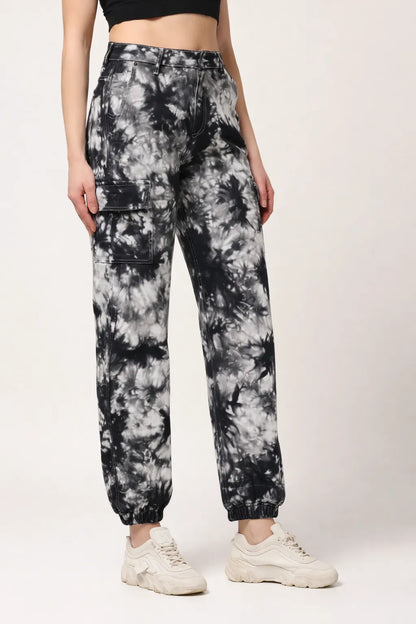 Abfy Zoo Womens High Rise Regular Fit Off White Charcoal Grey Tie Dyed Denim Jeans Jogger - Style Code "KGDJGR-404003