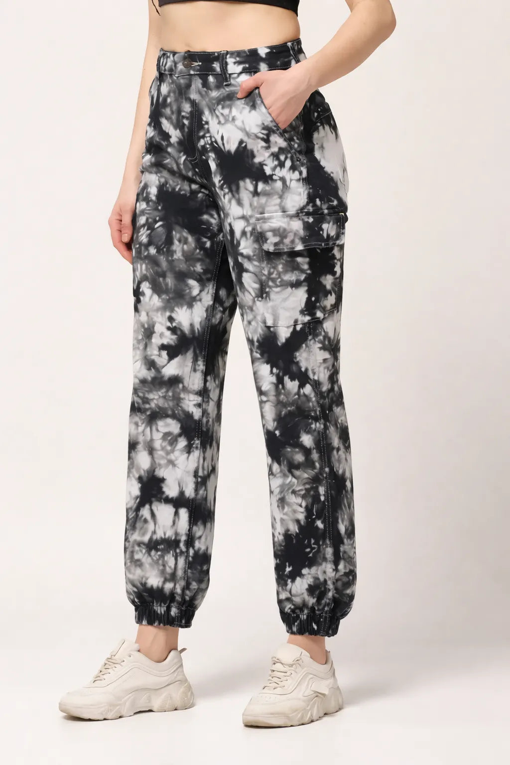 Abfy Zoo Womens High Rise Regular Fit Off White Charcoal Grey Tie Dyed Denim Jeans Jogger - Style Code "KGDJGR-404003