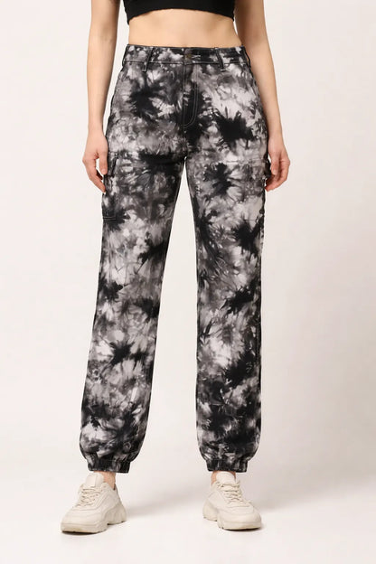 Abfy Zoo Womens High Rise Regular Fit Off White Charcoal Grey Tie Dyed Denim Jeans Jogger - Style Code "KGDJGR-404003