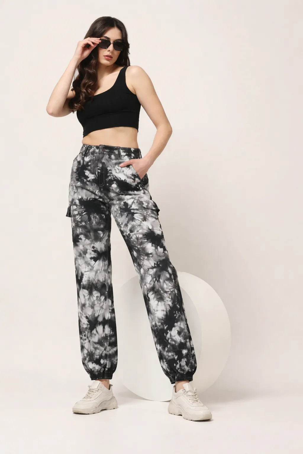 Abfy Zoo Womens High Rise Regular Fit Off White Charcoal Grey Tie Dyed Denim Jeans Jogger - Style Code "KGDJGR-404003