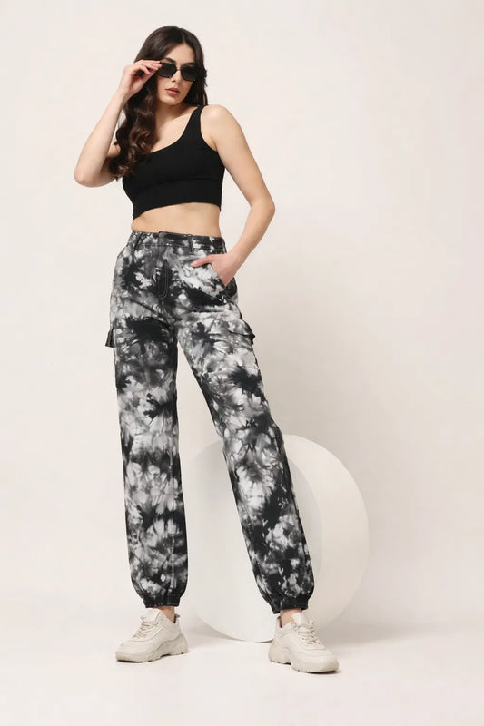 Abfy Zoo Womens High Rise Regular Fit Off White Charcoal Grey Tie Dyed Denim Jeans Jogger - Style Code "KGDJGR-404003