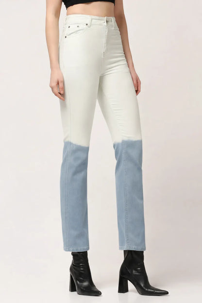 Kagad Womens High Rise Straight Fit White Blue Ombray Dyed Denim Jeans - Style Code "KGDJNS-404026