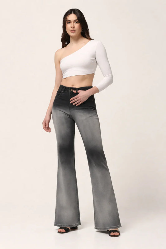 Kagad Womens  High Rise Boot Cut Black Grey Ombray Dyed Denim Jeans - Style Code "KGDJNS-404016