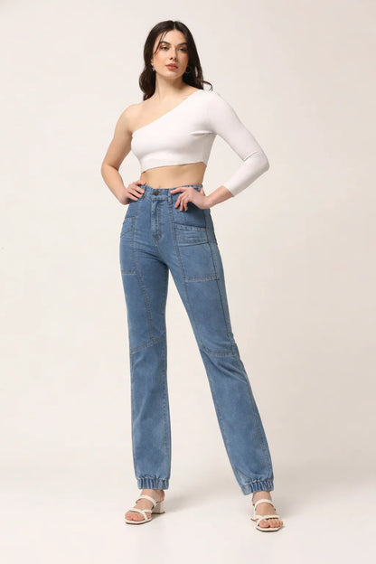 Kagad Womens High Rise Regular Fit Cut And Sew Light Blue Denim Jeans - Style Code "KGDJNS-404019