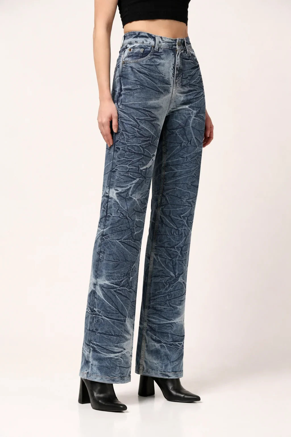Kagad Womens High Rise Wide Leg Flared Navy Off White Tie Dyed Denim Jeans - Style Code "KGDJNS-404025