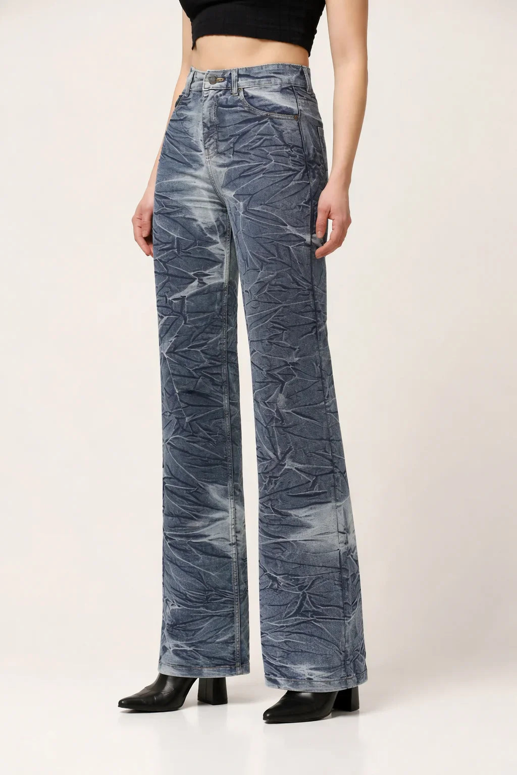 Kagad Womens High Rise Wide Leg Flared Navy Off White Tie Dyed Denim Jeans - Style Code "KGDJNS-404025
