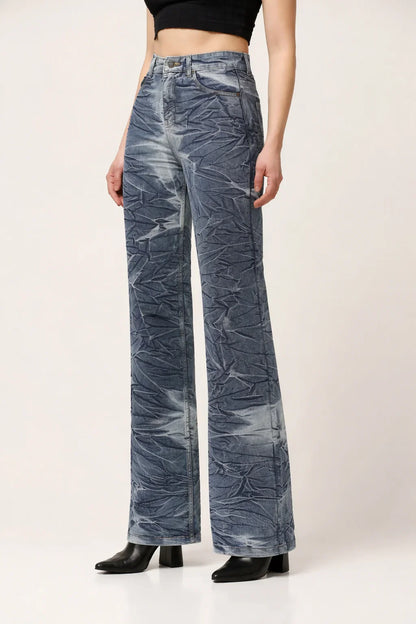 Kagad Womens High Rise Wide Leg Flared Navy Off White Tie Dyed Denim Jeans - Style Code "KGDJNS-404025