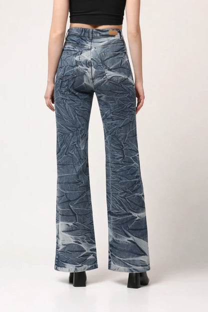 Kagad Womens High Rise Wide Leg Flared Navy Off White Tie Dyed Denim Jeans - Style Code "KGDJNS-404025