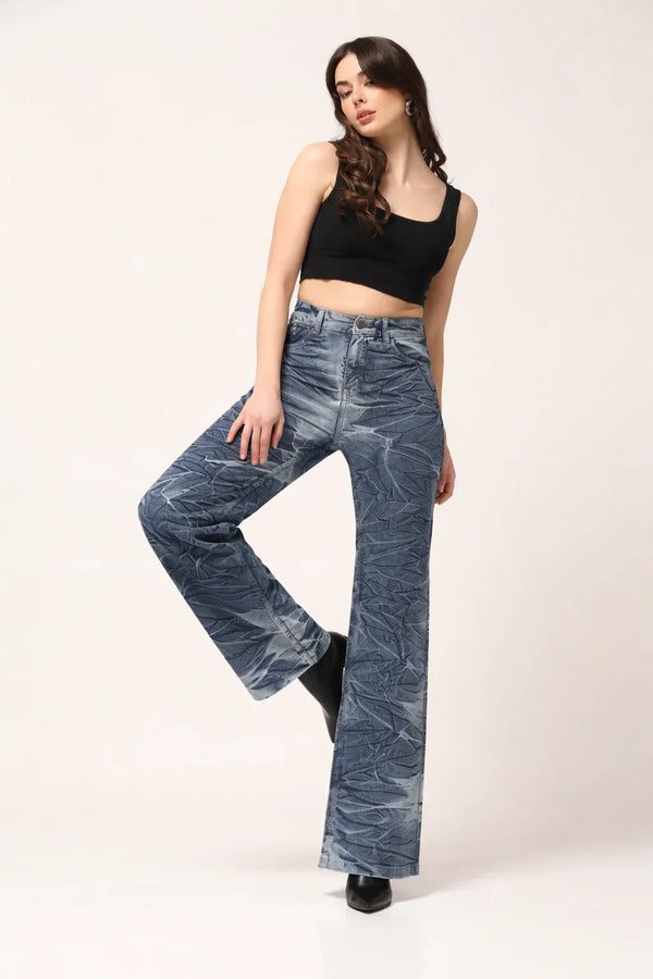 Kagad Womens High Rise Wide Leg Flared Navy Off White Tie Dyed Denim Jeans - Style Code "KGDJNS-404025