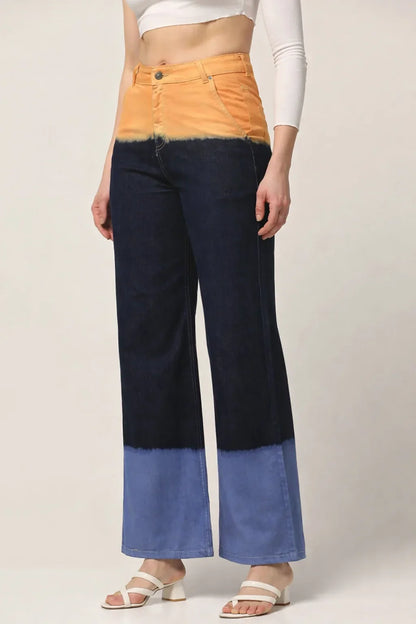 Kagad Womens High Rise Wide Leg Flared Multi Color Ombray Dyed Denim Jeans - Style Code "KGDJNS-404018