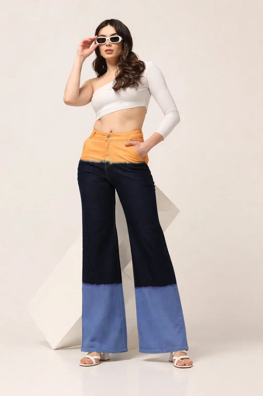 Kagad Womens High Rise Wide Leg Flared Multi Color Ombray Dyed Denim Jeans - Style Code "KGDJNS-404018