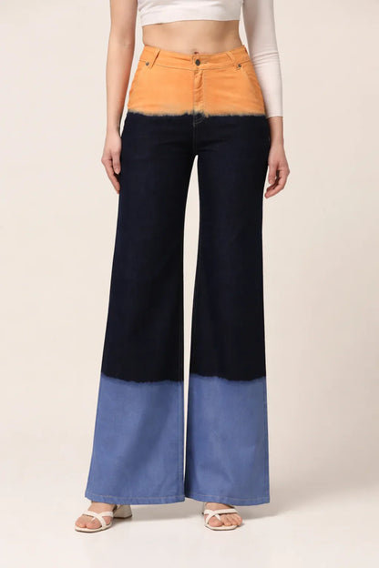 Kagad Womens High Rise Wide Leg Flared Multi Color Ombray Dyed Denim Jeans - Style Code "KGDJNS-404018