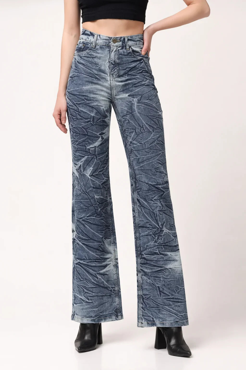 Kagad Womens High Rise Wide Leg Flared Navy Off White Tie Dyed Denim Jeans - Style Code "KGDJNS-404025